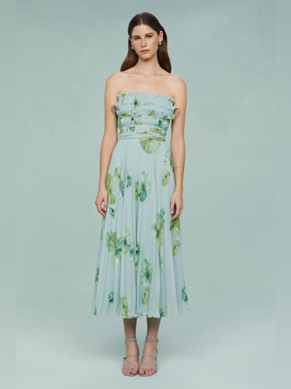 AMUR blue Cathy pleated midi dress in lilypad pond